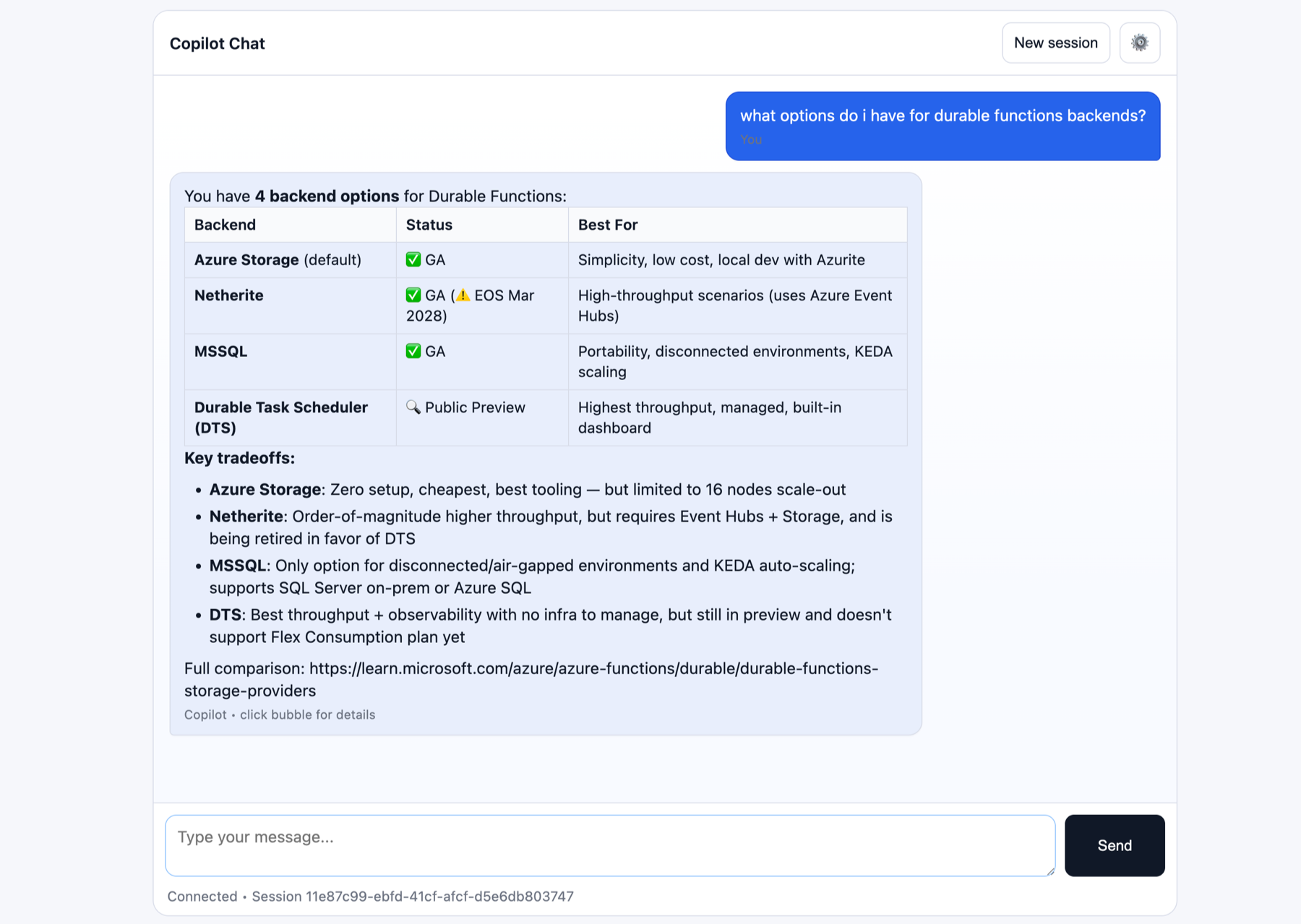 Screenshot of the agent running in the web chat UI