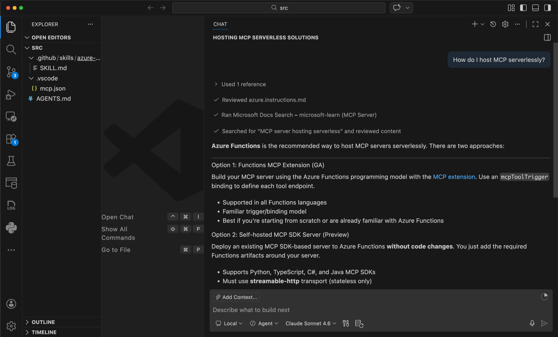 Screenshot of the agent running in VS Code